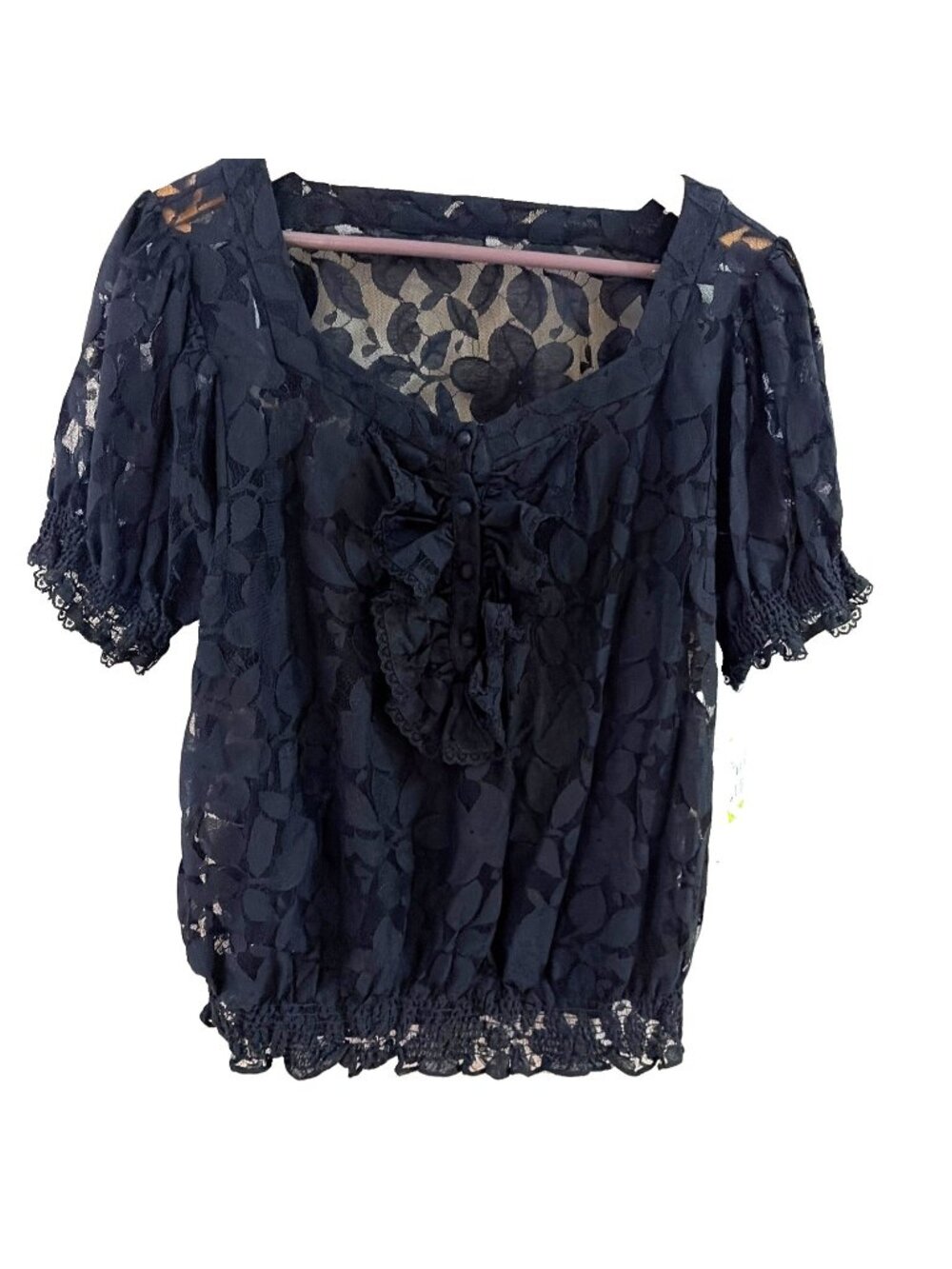 ECI Black Lace Blouse Women's Size 14 Sheer Ruffle Dark Coquette Romantic Luxury